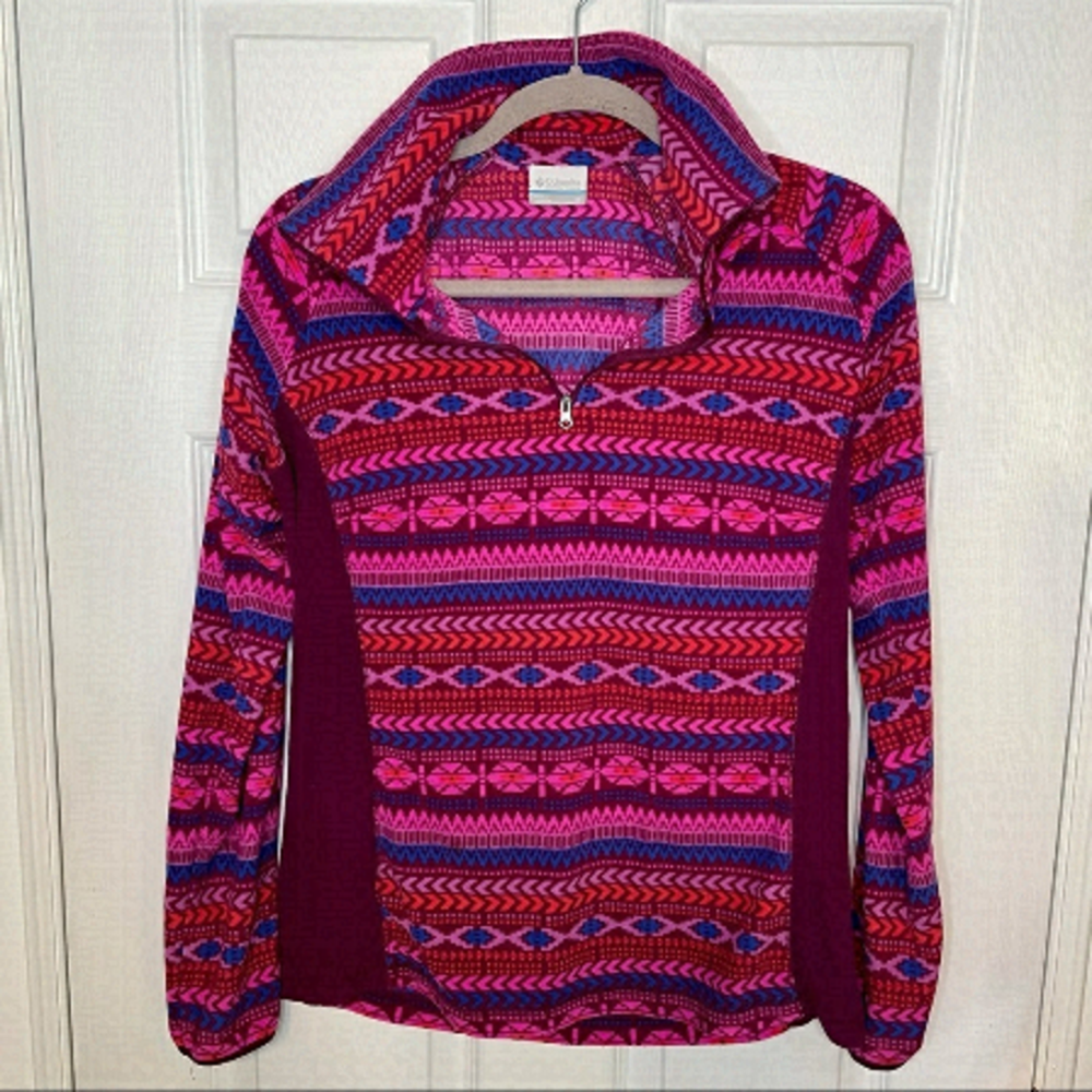 COLUMBIA Multi Printed Aztec pink 3/4 Zip Up Fleece Sweater medium
